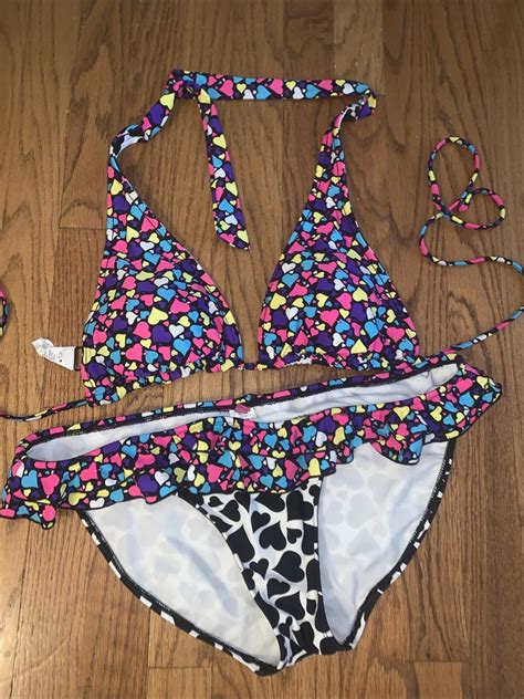 Ocean Pacific Op Reversible Hearts Bikini Bathing Sui Gem