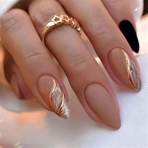 Amazon Almond Press On Nails Medium Fake Nails Nude False Nails With Designs Gold Glitter
