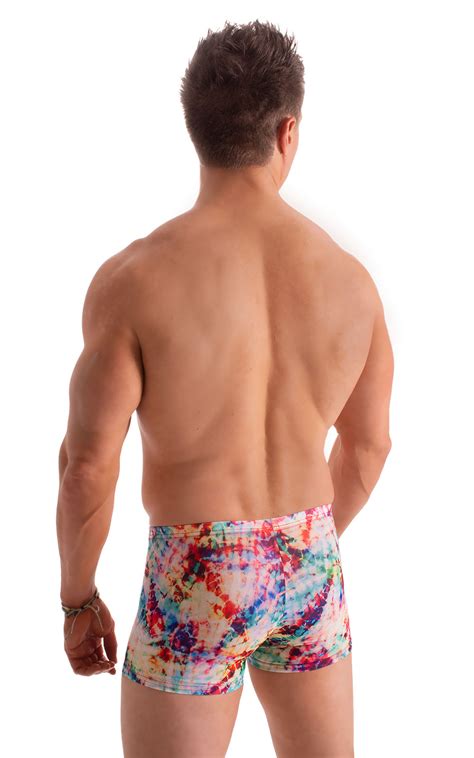 Square Cut Seamless Swim Trunks In Tan Through Retro Tie Dye