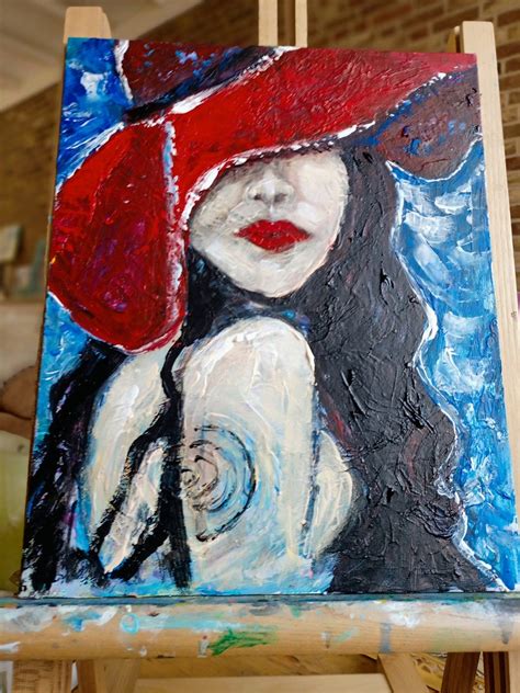 Naked Woman In Red Lady In Red Hat Painting Nude Original Art Handmade Gift For Him Wall Art
