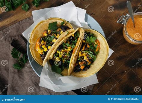 Vegetarian Tacos Corn Tortillas Black Beans Corn Pepper Spicy Sa Stock