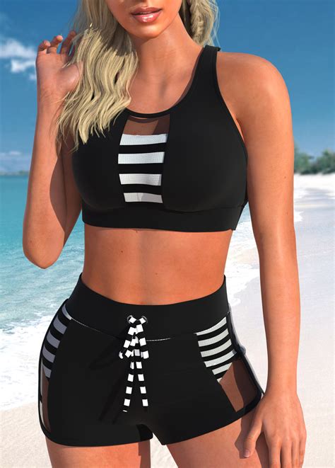 Striped Cutout Mesh Black Bikini Top Rosewe Usd