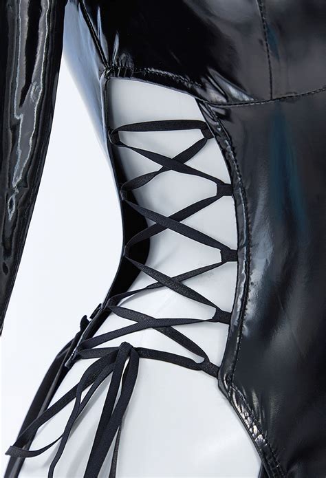 Women Gothic Style Black Lingerie Set V Neck Bodysuit And Leg Ring With Skirt Hem Cosplay