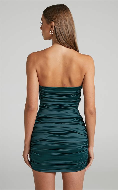 Solena Mini Dress Satin Ruched Strapless Bodycon Dress In Emerald