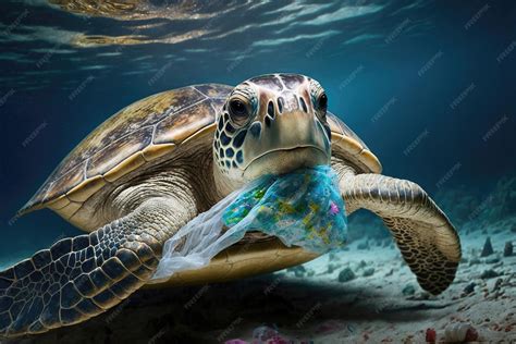 Une Tortue De Mer Mange Du Plastique Sous La Mer | Photo Premium
