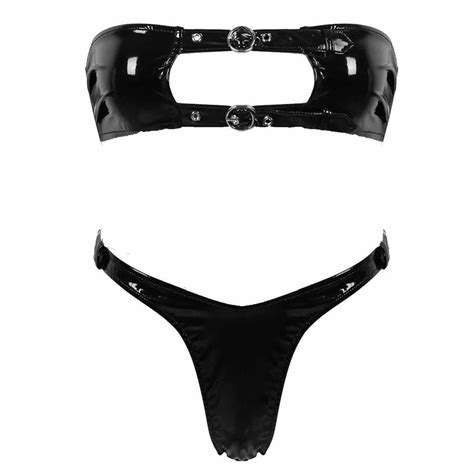 Choomomo Women S PVC Leather Metallic Adjustable Bikini Set Tube Bra Top Micro Thong Swimsuit