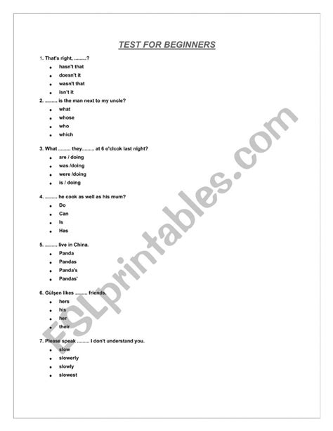 Test For Beginners A1 Esl Worksheet By Ecearsan