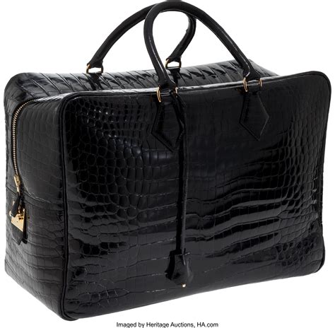 Hermes 45cm Black Shiny Porosus Crocodile Plume Travel Bag with | Lot ...