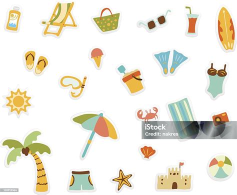 Set Ilustrasi Kartun Bertema Pantai Ilustrasi Stok Unduh Gambar