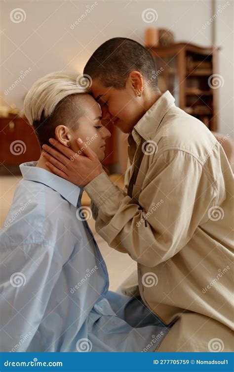 Sensual Lesbian Couple Hugging Feeling Love Being Closely To Each Other Stock Image Image Of