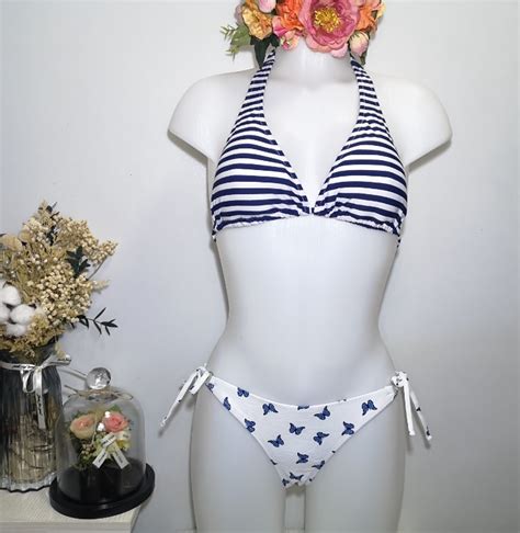 Stripes Blue White Two Piece Swimsuit Bikini Set Women S Fashion