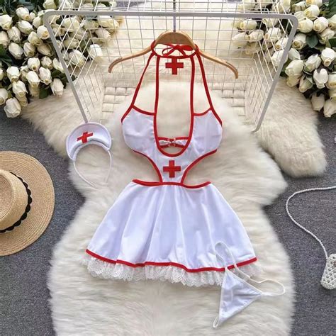 Dropped Waist Women S Sexy Sweet Nurse Cosplay Uniform Lingerie Set Revealing Neckline Lace