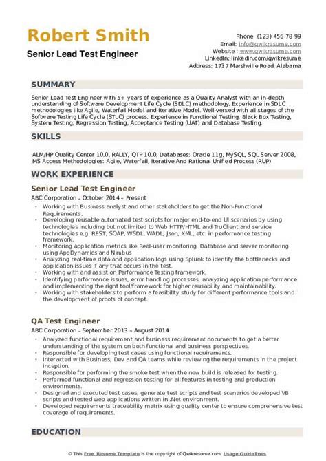 Test Engineer Resume Samples QwikResume