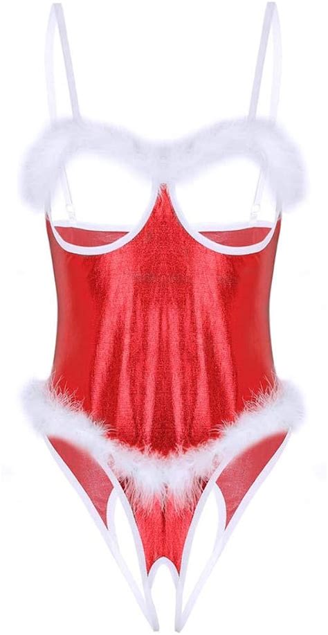 XQTX Sexy Lingerie Women Lingerie Open Cup Teddy Bodysuit Shiny Metallic Christmas Costume