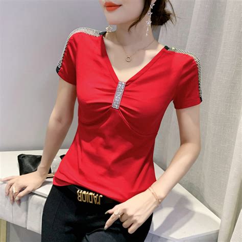 Women S New Trendy Sexy V Neck Hot Diamond T Shirt Women S Short Sleeved Summer Dress