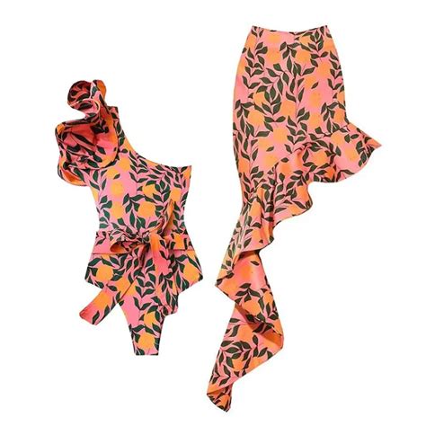 New Bikini V Neck Double Layer Ruffled Print Split Swimsuit Women Two Piece Swimsuit Cover