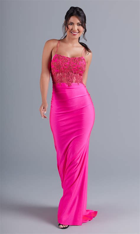 Sheer-Bodice Long Hot Pink Formal Dress