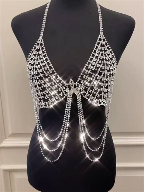 Bincho Sexy Nightclub Bikini Bra Chain Nipple Piercing Rhinestone Body Chain Red Heart