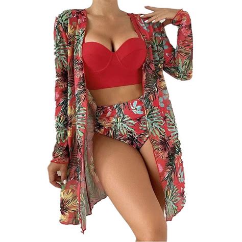 Wreesh Womens Piece Swimsuits Tropical Print Bikini Set With Kimono Beach Cover Ups With Chest