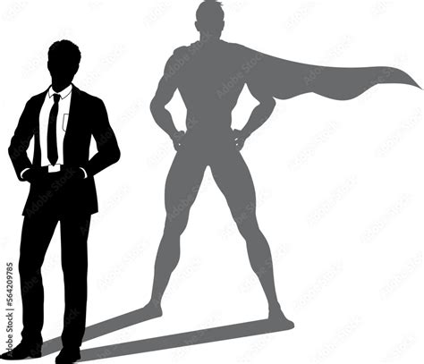 A superhero business man revealed by his shadow silhouette as a super hero in a cape Stock ...