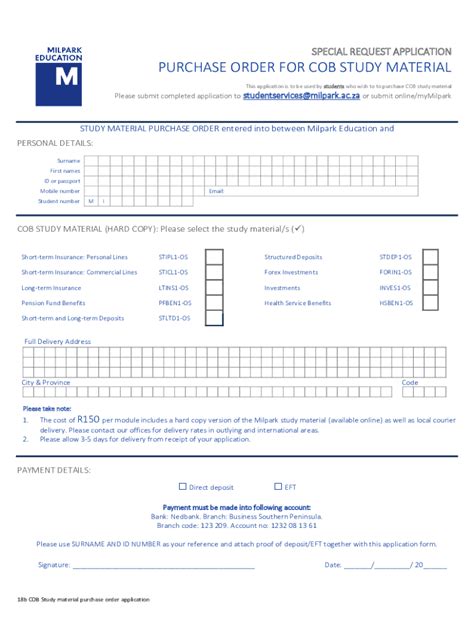 Fillable Online Eft Purchase Order For Cob Study Material Fax Email