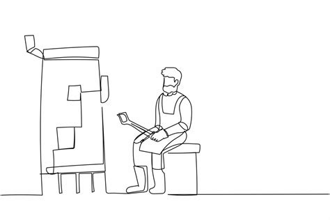 continuous   drawing bearded blacksmith sitting  traditional