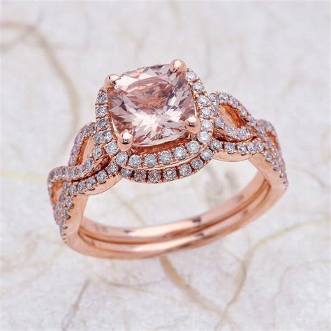 8x8mm Cushion Cut Peach Morganite Halo Engagement Ring With Wedding