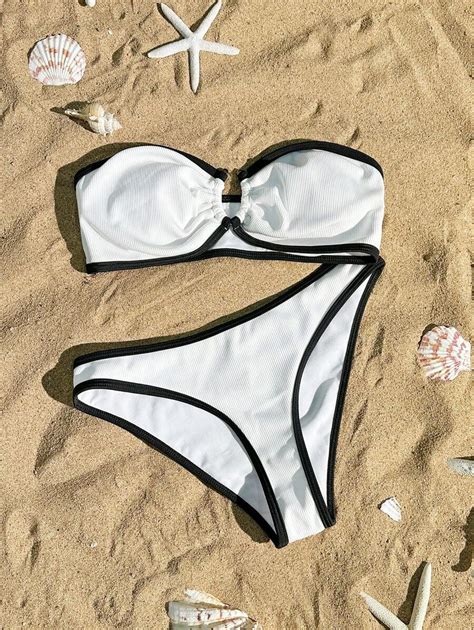 Bikini badeanzug set Ohne Träger Aus Textur stoff In Schwarz weiß splice SHEIN Schweiz
