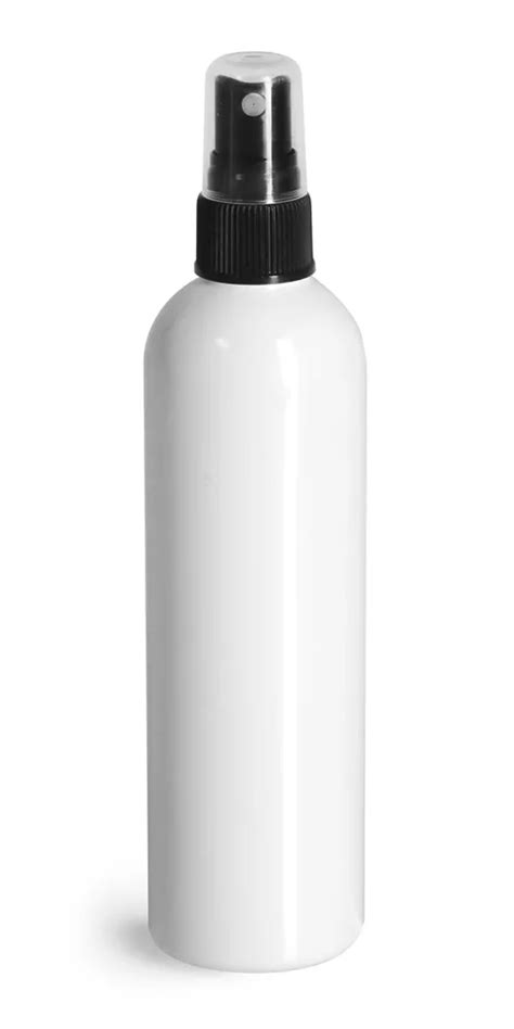 8 Oz White PET Cosmo Round Bottles W Black Sprayers