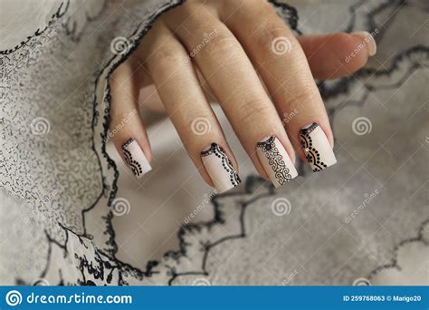 Nude Manicure With Graphic Patterns And Rhinestones Stock Image Image Of Healthy Health