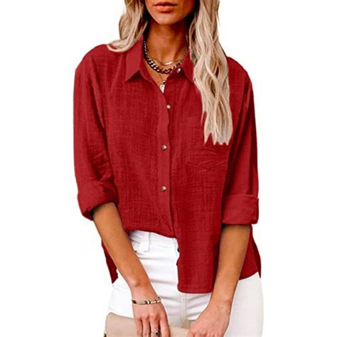 Ayolanni Red Button Up Shirt Women Womens Solid Color Button Down ...