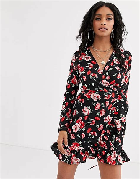 Boohoo Wrap Mini Dress In Black And Red Floral Asos