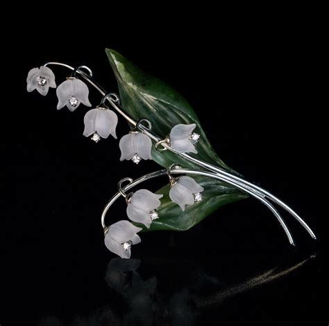 Lily Of The Valley Carved Rock Crystal And Nephrite Jade Brooch