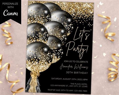 Printable Black Gold Glitter Balloons Birthday Party Invitation