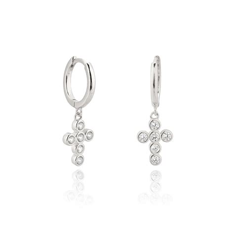 Silver Crystal Cross Mini Hoop Earrings Classy Women Collection