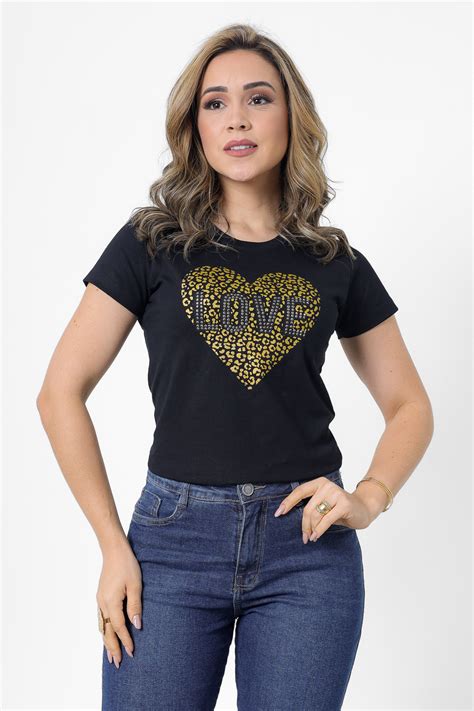 T Shirt Coracao Onca Love Strass Preto Atacado Tshirt Use Criativa