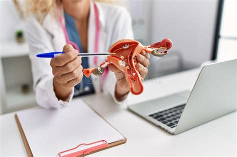 Middle Age Blonde Woman Wearing Doctor Uniform Holding Anatomical Model Of Uterus At Clinic