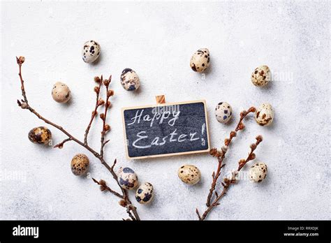Easter Background With Quail Eggs And Pussy Willow Stock Photo Alamy