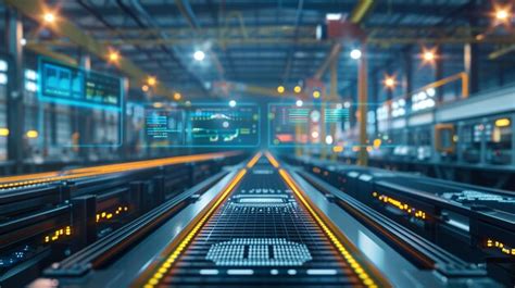 Conveyor Belt System In A Futuristic Warehouse At Night With