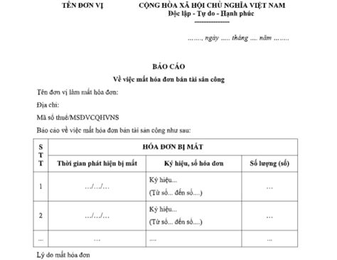bao cao ve viec mat hoa don ban tai san cong moi nhat xu ly