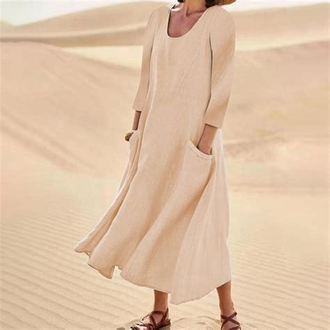 Dengdeng Bohemian Dress For Women Crew Neck Linen Dresses For Women