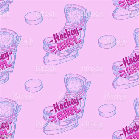 Pink Ice Hockey Skates For Woman Seamless Pattern Vector Hockey Girl Lettering Ice Hockey Sports