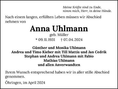 Traueranzeigen Von Anna Uhlmann Trauerundgedenken De