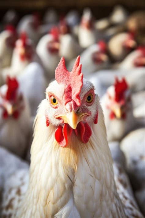 A Hen Lays Eggs At A Chicken Coop In A Group Of Chickens At A Bio Farm