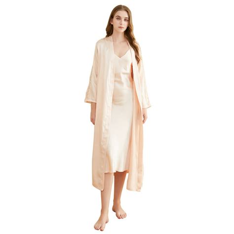 Solid Women Silk Satin 2PCS Lingerie Sleepwear Robe Bathrobes Pajamas Set Nightgown And Silk