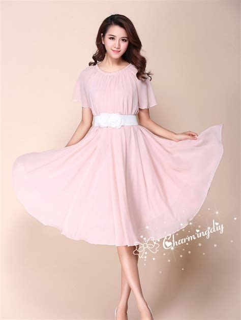110 Colors Chiffon Nude Pink Short Sleeve Knee Skirt Party Evening Wedding Lightweight Dress