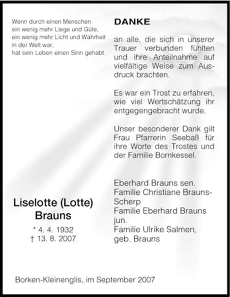 Traueranzeigen Von Liselotte Brauns Trauer Hna De