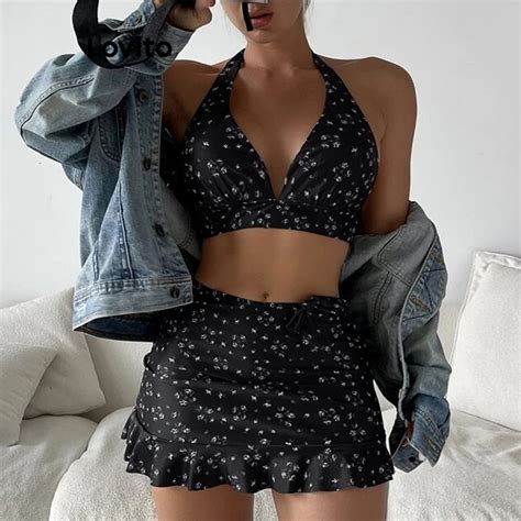 Lovito Sexy Ditsy Floral Ruffle Hem Lace Up Bikini Sets Para Mulheres Lnl Shopee Brasil