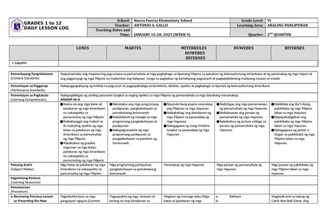 Dll Araling Panlipunan 6 Q2 W9 Grades 1 To 12 Daily Lesson Log School