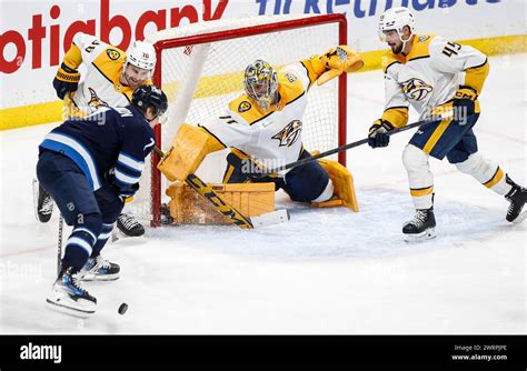 Nashville Predators Goaltender Juuse Saros 74 Saves The Shot As Cole